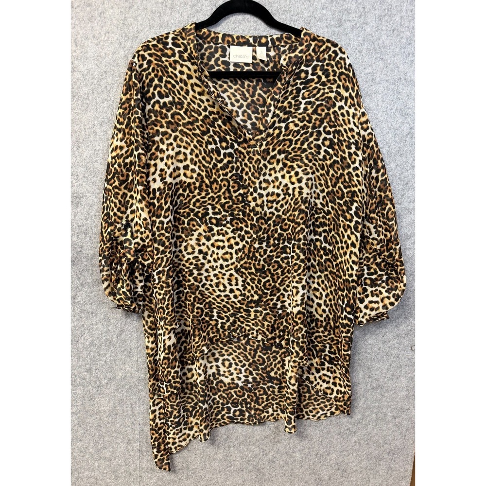 Chicos Leopard Print Tunic‎ Top Brown Black Roll Tab Sleeve Tiered Hem Size 3 XL
